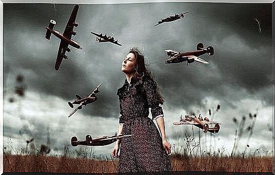 woman surrounded by airplanes making use of emotional management techniques