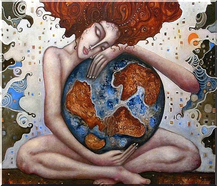 woman hugging world