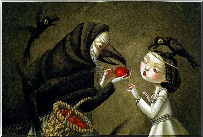 Witch giving the red apple to snow white symbolizing evil people