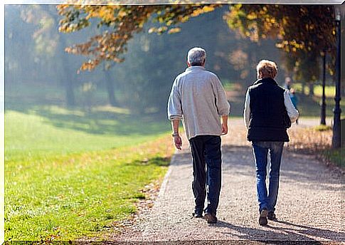 Senior couple discussing the benefits of walking while walking