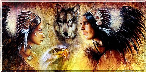 Indian woman with a wolf and an Indian man symbolizing the medicine of the wolf